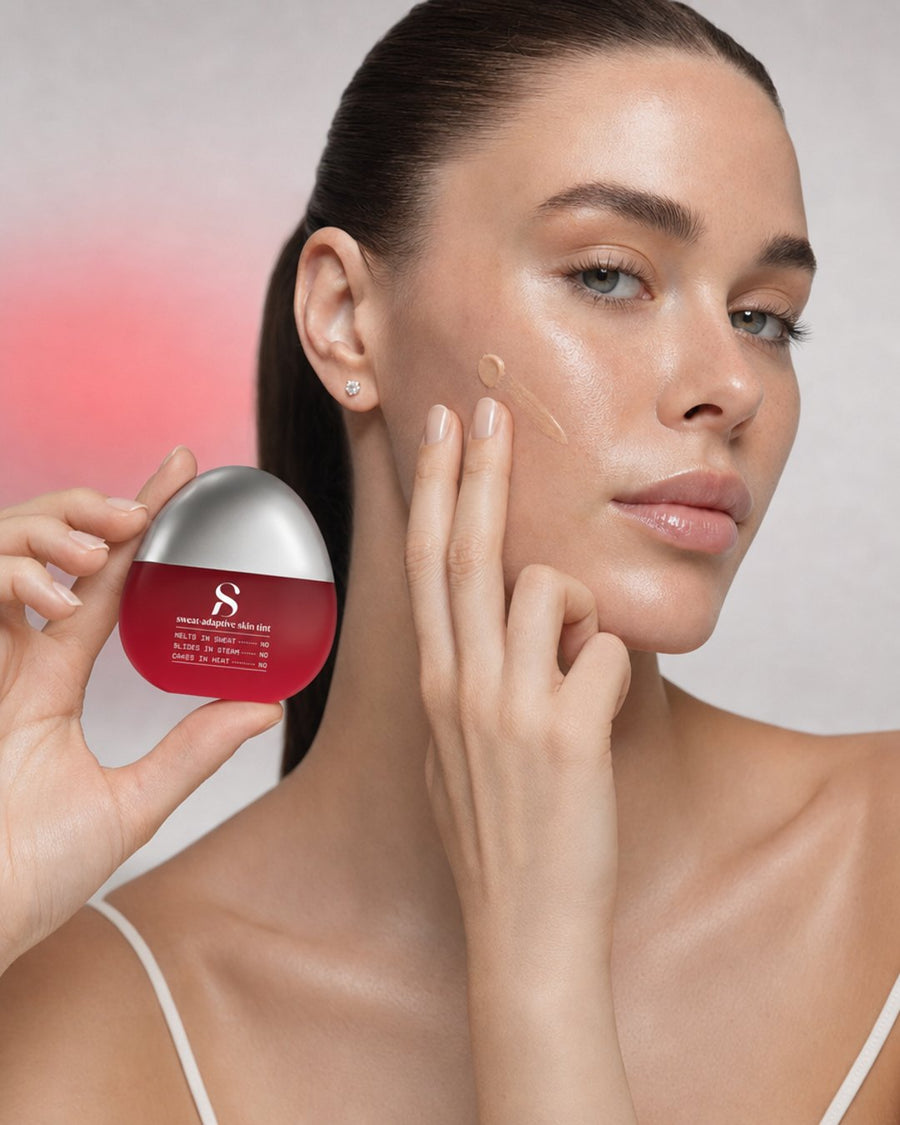 A woman holding the Stamina compact and blending tint across her cheekbone